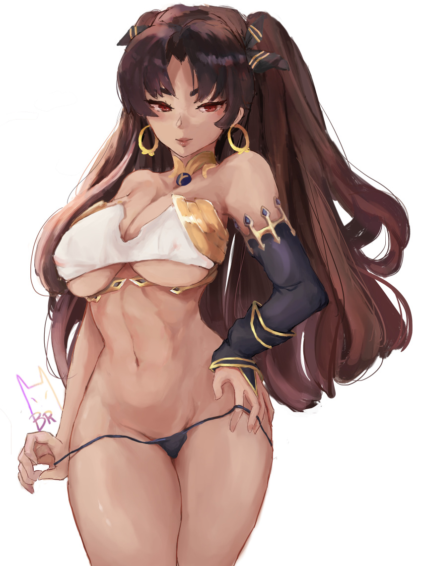 1girls abs beeprats belly belly_button black_panties blush breasts brown_hair cleavage detached_sleeves earrings elbow_gloves eyebrows fate/grand_order fate_(series) female female_focus female_only fingerless_gloves hair_ornament hair_ribbon hand_on_hip hand_on_own_waist high_resolution highres ishtar_(fate) jewelry large_breasts lips long_hair looking_at_viewer navel neck_ring panties panties_down pulling_panties pulling_pants_down red_eyes removing_panties simple_background single_detached_sleeve single_elbow_glove solo solo_focus thick_thighs thighs tied_hair twintails underboob undressing very_high_resolution white_background wide_hips