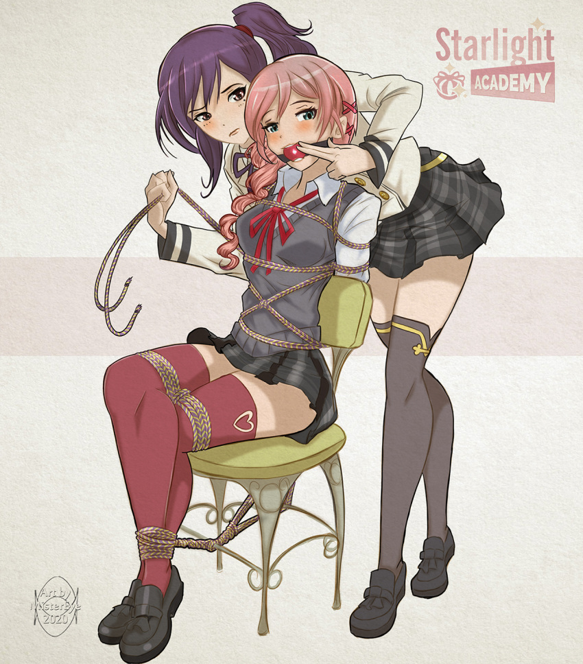 2girls ball_gag bondage bound female female_only femsub fully_clothed gag liu_mei_fan mistereye multiple_girls purple_hair rope school_uniform shoujo_kageki_revue_starlight side_ponytail skirt starlight_academy_uniform stockings thigh_socks tsuruhime_yachiyo yuri