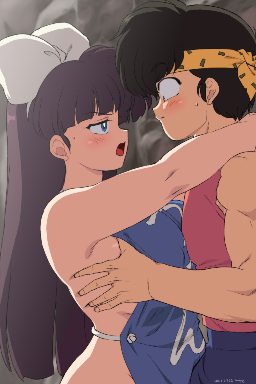 1boy 1girls apron armpits bangs bare_shoulders blue_eyes blunt_bangs blush bow breast_grab breast_press breasts brown_hair closed_mouth clothing eye_contact eyebrows_visible_through_hair female from_side grabbing hair_ribbon hairbow headband hi_res hug huge_breasts large_breasts long_hair looking_at_another mage_(harumagedon) naked_apron open_mouth outdoors ranma_1/2 ribbon ryoga_hibiki sideboob sleeveless standing sweatdrop ukyo_kuonji upper_body white_bow