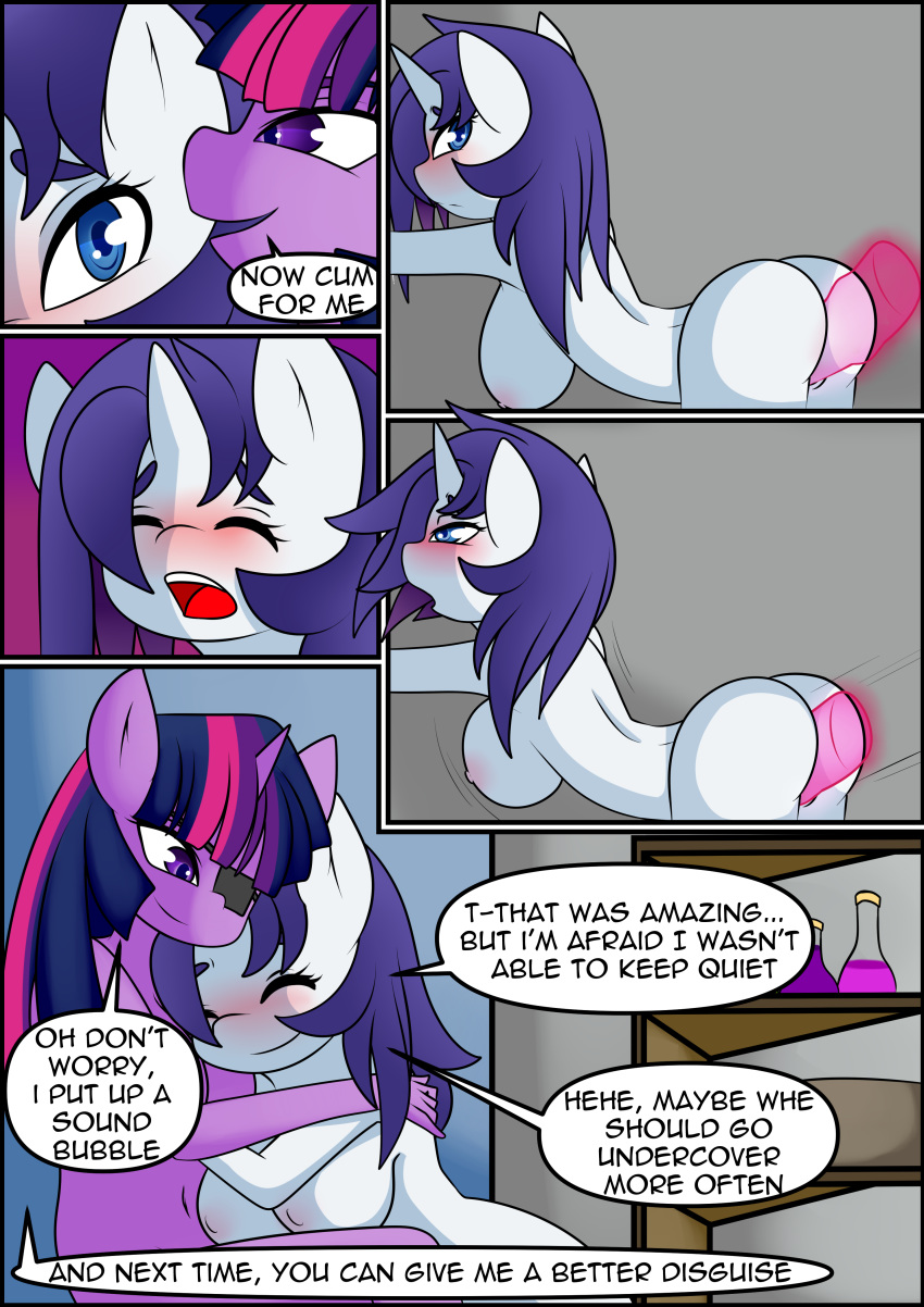 absurd_res anthro ass bent_over big_breasts blush breasts caoscore comic dialogue duo english_text equid equine eye_patch eyewear female female_penetrated friendship_is_magic hair hasbro hi_res horn magic mammal my_little_pony nipples nude penetration potion purple_body purple_hair rarity_(mlp) straight_hair text twilight_sparkle_(mlp) unicorn white_body