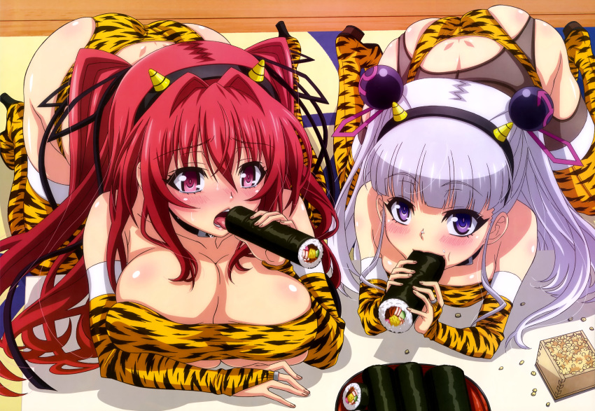 10s 2girls absurdres animal_print ass ass_cleavage bandeau blush boots breasts bridal_gauntlets butt_crack cleavage clothing detached_sleeves eating fake_horns food food_on_face garter_belt grey_hair hairband highres horns large_breasts long_hair makizushi mamemaki multiple_girls naruse_maria naruse_mio nyantype official_art oni_horns panties pink_eyes purple_eyes red_eyes red_hair ribbon rice rice_on_face setsubun shinmai_maou_no_testament silver_hair skindentation sushi tears thigh_boots thighhighs tiger_print tongue tongue_out two_side_up umetsu_yukinori underwear