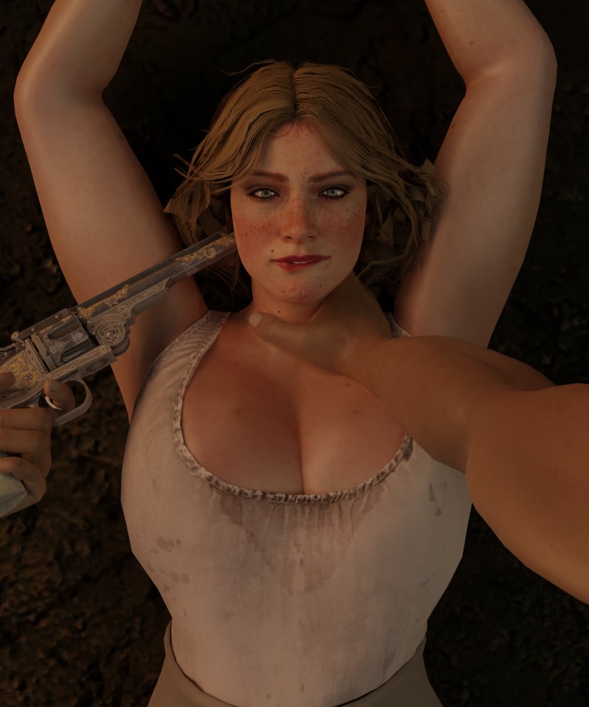 1boy 1girls 3d arms_above_head bbw big_breasts biting_lip blonde_hair blue_eyes breasts cleavage come_hither dirty_clothing emberstock female female_focus firearm freckles gun gun_to_head gunpoint hand_around_neck handgun holding_neck imminent_sex karen_jones large_breasts lip_bite lipstick looking_at_viewer low_cut_top male mole_above_mouth partial_male pov pov_eye_contact questionable_consent red_dead_redemption_(series) red_dead_redemption_2 revolver rockstar_games smirk solo_focus straight threatening underwear weapon