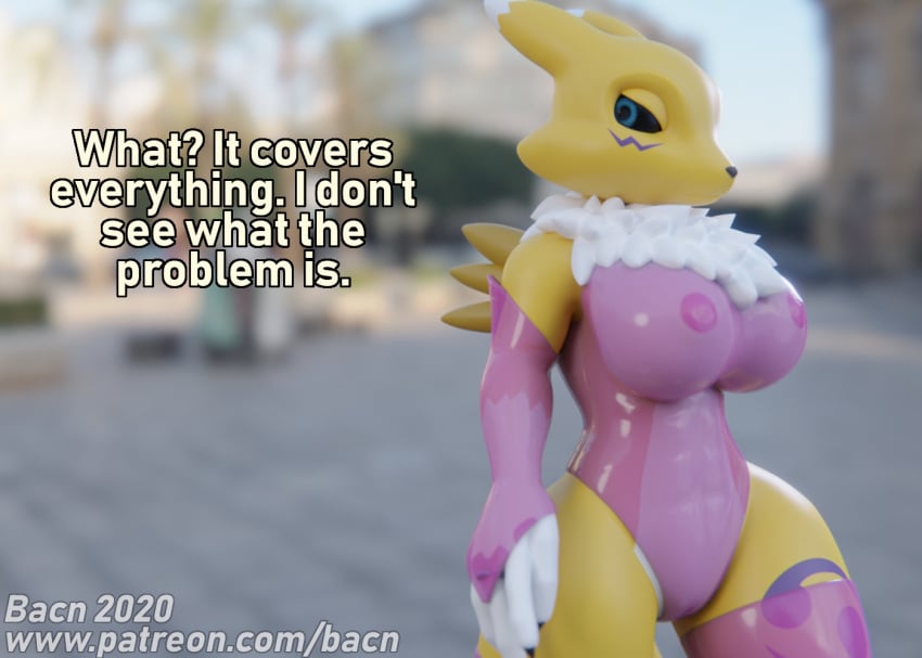 3d anthro armwear bacn big_breasts black_sclera breasts canid canine clothing dialogue digimon digimon_(species) elbow_gloves english_text female fox fur gloves handwear legwear mammal nipples public_exposure renamon renamon_(bacn) solo text thigh_highs translucent translucent_clothing