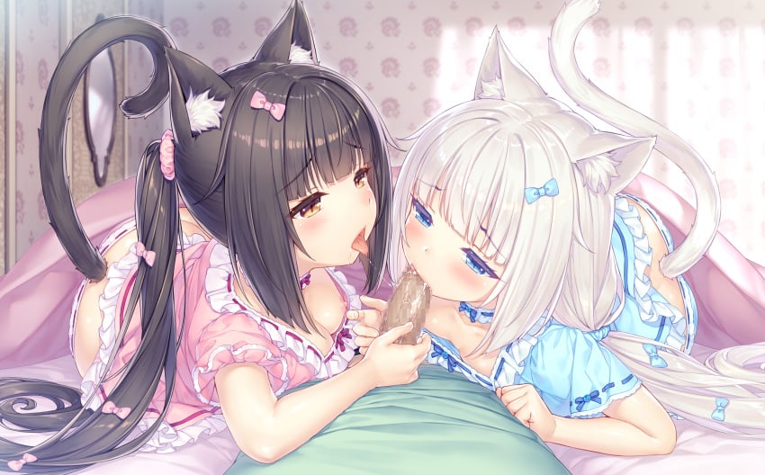 1boy 2girls animal_ears assisted_fellatio bangs black_hair blue_eyes blunt_bangs blurry blurry_background blush bow breasts cat_ears cat_tail censored chocola_(sayori) choker collaborative_fellatio depth_of_field eyebrows_visible_through_hair fellatio ffm_threesome game_cg group_sex hair_bow hair_ornament hair_scrunchie highres indoors kashou_(sayori) long_hair low_twintails lying mosaic_censoring multiple_girls nekopara nightgown nipples on_bed oral penis pov ribbon-trimmed_panties saliva saliva_trail sayori scrunchie small_breasts straight tail teamwork threesome tongue tongue_out twintails vanilla_(sayori) white_hair yellow_eyes