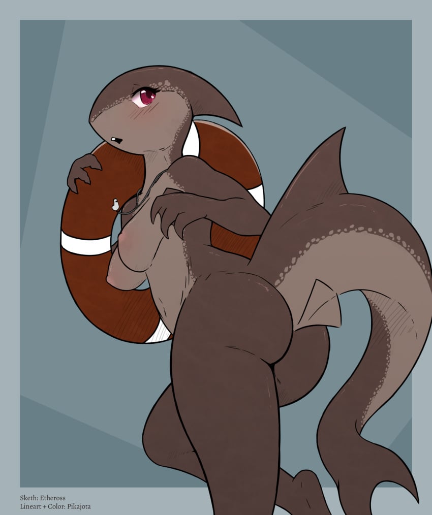 anthro blush breasts brown_body casual etheross female fish hi_res life_preserver lifeguard marine non-mammal_breasts nude pikajota rear_view shark shark_girl shark_tail solo worried_look