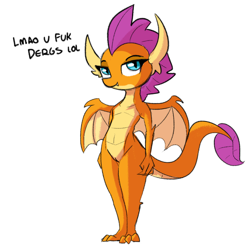 anthro blue_eyes dragon fangs female friendship_is_magic half-closed_eyes hasbro my_little_pony orange_body pussy slit_pupils smile smolder_(mlp) solo tjpones wings