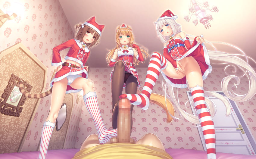 1boy 3girls animal_ears azuki_(sayori) bell_collar blue_eyes brown_eyes brown_hair cat_ears cat_tail censored christmas christmas_gloves christmas_hat christmas_outfit collar feet femdom fffm_foursome footjob foursome gloves legwear light-skinned_female light-skinned_male light_skin maple_(sayori) mouth_open nekopara panties pantyshot sayori small_breasts socks tagme thick_thighs thighhighs upskirt vanilla_(sayori) white_hair