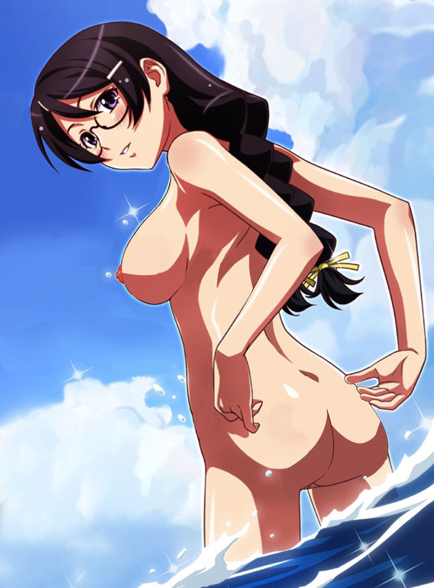 1girls ass bakemonogatari dark_purple_hair drawing_(artist) edit female glasses hanekawa_tsubasa medium_hair monogatari_(series) naked nipples nude ocean outdoors outside purple_eyes pussy sideboob solo vagina water white_skin