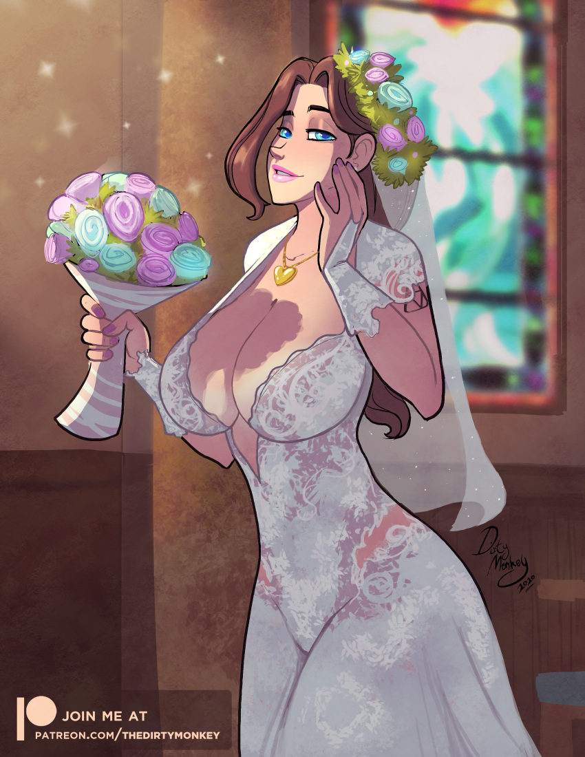 big_breasts breasts bridal_veil bride cleavage clothing dress flowers large_breasts necklace nerd nerdy_female sarah_sweet skinny_waist thedirtymonkey wedding_dress wedding_veil