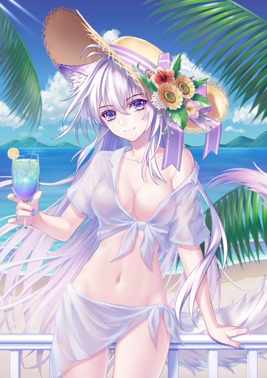 1girls absurdres animal_ears areolae bangs blue_nails blue_sky breasts cleavage cloud collarbone cowboy_shot cup day eyebrows_visible_through_hair female female_only floating_hair flower hair_between_eyes halterneck hat hat_flower hat_ribbon hibiscus highres holding holding_cup humanoid island kemonomimi kirby_d_a long_hair looking_at_viewer md5_mismatch medium_breasts nail_polish navel nipples ocean original outdoors pale_skin parted_lips purple_bikini purple_eyes purple_ribbon pussy red_flower ribbon sarong shiny shiny_hair silver_hair sky solo standing straw_hat striped striped_ribbon sun_hat swimsuit tail very_long_hair wolf_ears wolf_tail yellow_flower yellow_headwear