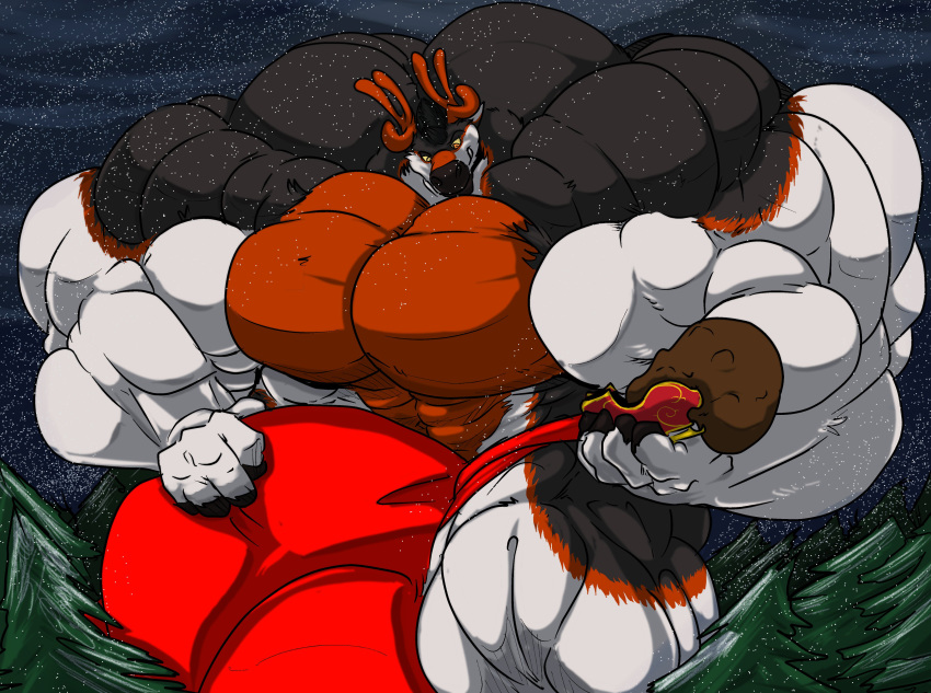 2018 absurd_res alternate_species anthro antlers arthro balls big_balls big_bulge big_muscles big_penis bulge capreoline cervid clothed clothing coniferous_tree fierglief fur genitals hand_on_genitalia hi_res holding_object hoofed_hands horn huge_balls huge_bulge huge_cock huge_muscles hyper hyper_balls hyper_bulge hyper_genitalia hyper_muscles hyper_pecs hyper_penis macro male male_only mammal multicolored_body multicolored_fur muscular muscular_anthro muscular_male penis reindeer sky smile snow snowing solo underwear underwear_only