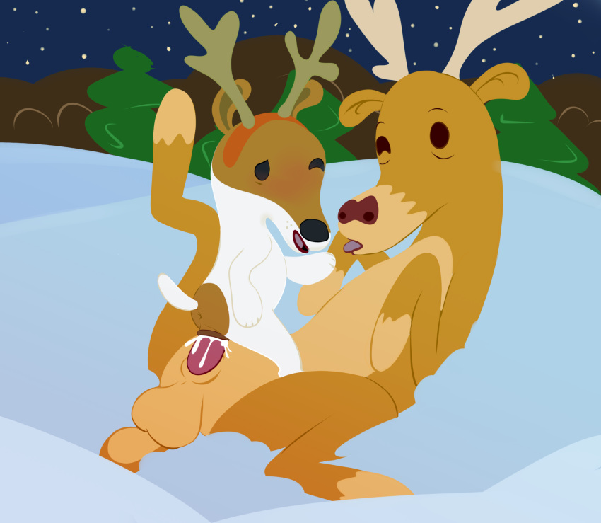 2020 canid canine canis capreoline cervid comet_(reindeer) domestic_dog duo female feral hi_res interspecies male mammal olive_the_other_reindeer reindeer size_difference straight torinsangel wugi