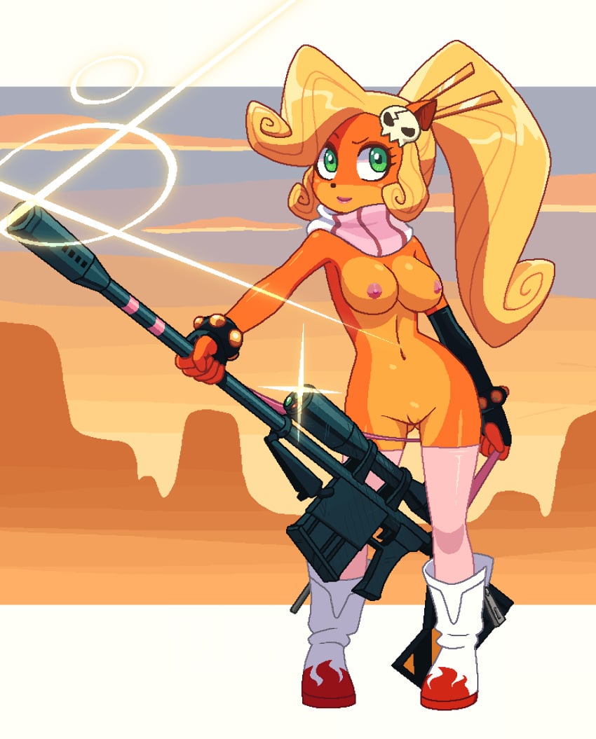 anthro areola blonde_hair boots bracelet breasts chopsticks_in_hair coco_bandicoot cosplay crash_bandicoot_(series) crossover_cosplay edit female fingerless_gloves flame_print furry green_eyes hair_ornament highres kempferzero long_ponytail naughty_dog navel nipples pussy rifle scarf skull_hair_ornament sniper_rifle tengen_toppa_gurren_lagann thigh_highs yoko_littner yoko_littner_(cosplay)