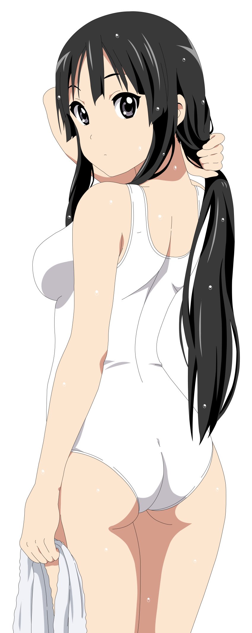 1girls black_eyes black_hair breasts butt female female_only high_resolution k-on! long_hair looking_at_viewer looking_back mio_akiyama_(k-on!) one-piece_swimsuit standing sukumizu swimsuit towel very_high_resolution wet white_background white_sukumizu white_swimsuit white_towel