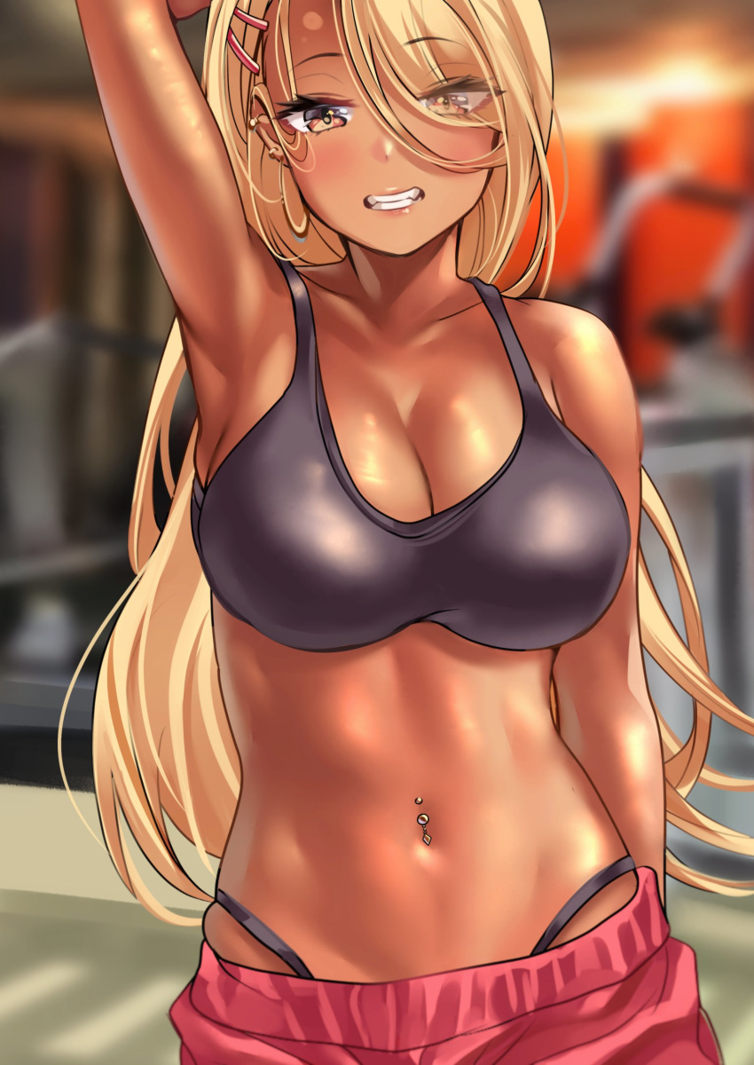 1girls absurdres amaryllis amaryllis_gumi arm_behind_head blonde_hair breasts cleavage dark-skinned_female dark_skin earrings exercise_machine eyebrows_visible_through_hair eyes_visible_through_hair female female_only focused gyaru gym hair_between_eyes hair_ornament hair_over_one_eye hairclip highleg highleg_panties highres indoors jewelry kinjyou_(shashaki) kogal kuro_gyaru large_breasts long_hair looking_at_viewer midriff multiple_earrings navel navel_piercing original original_character ouga_saki panties pants piercing shashaki smile solo solo_female sports_bra sweatpants tan tan_skin underwear virtual_youtuber yellow_eyes