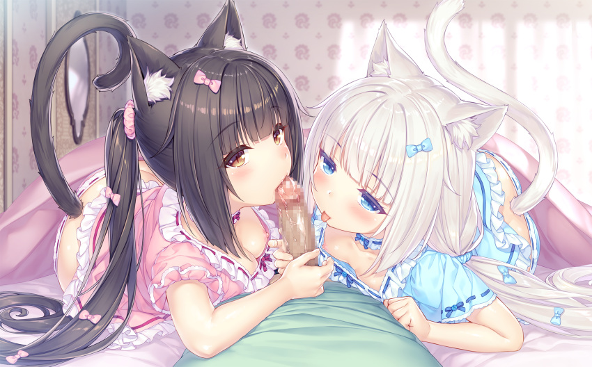 1boy 2girls animal_ears bangs black_hair blue_eyes blunt_bangs blurry blurry_background blush bow breasts cat_ears cat_tail censored chocola_(sayori) choker collaborative_fellatio depth_of_field eyebrows_visible_through_hair fellatio ffm_threesome game_cg group_sex hair_bow hair_ornament hair_scrunchie highres indoors kashou_(sayori) long_hair low_twintails lying mosaic_censoring multiple_girls nekopara nightgown nipples on_bed oral penis pov ribbon-trimmed_panties saliva saliva_trail sayori scrunchie small_breasts straight tail teamwork threesome tongue tongue_out twintails vanilla_(sayori) white_hair yellow_eyes