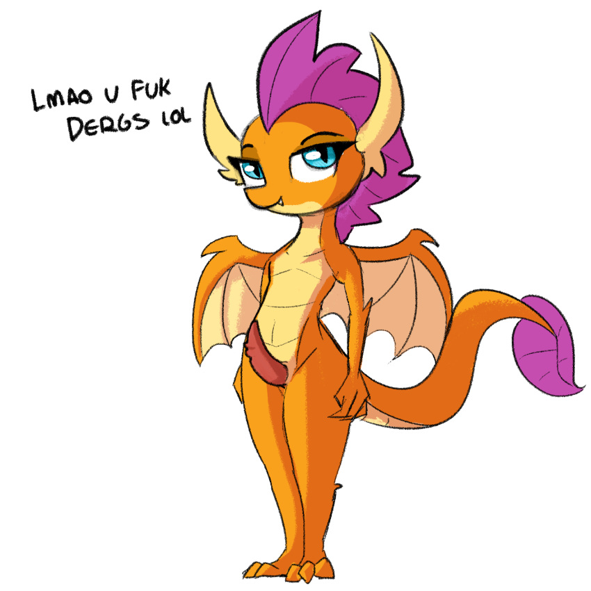 1futa anthro blue_eyes dragon fangs friendship_is_magic furry futanari half-closed_eyes hasbro my_little_pony orange_body penis slit_pupils smile smolder_(mlp) solo solo_futa tjpones wings