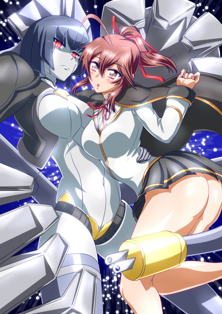 2d 2girls android android_girl artist_request ass big_breasts blazblue breasts brown_hair celica_a_mercury clothed clothing female female/female female_focus female_only highres minerva nippleless no_nipples ponytail red_eyes robot robot_girl robot_humanoid short_hair tagme_(artist) thighs yuri