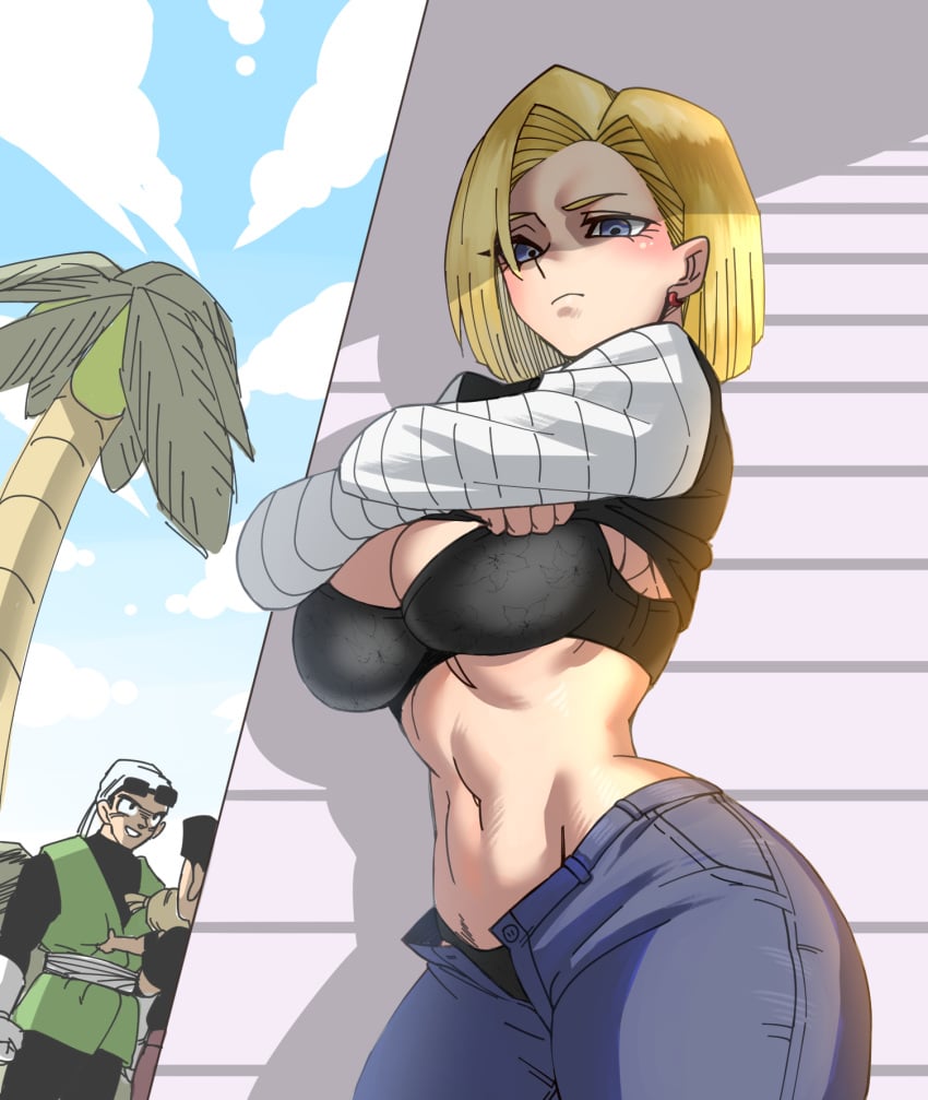 1girls abs android_18 big_breasts black_bra black_eyes black_hair blonde_hair blue_eyes blush bodysuit bra breasts cleavage clothing dragon_ball dragon_ball_z earrings female_focus fit_female gloves hello_(artist) hidden hiding krillin kuririn long_hair long_sleeves looking_at_viewer marron open_pants palm_tree panties pov shirt shirt_lift shirt_up short_hair short_kimono son_gohan sunglasses sunglasses_on_head talking toned_female turban underwear undressing