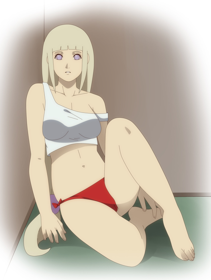 1girls against_wall barefoot blonde_hair bottomless clothing collarbone feet female female_only long_hair looking_at_viewer naruto naruto_(series) naruto_shippuden navel no_bra off_shoulder panties partially_clothed purple_eyes seelenkaetzchen shion_(naruto) sitting solo strap_slip tank_top toes underwear very_long_hair