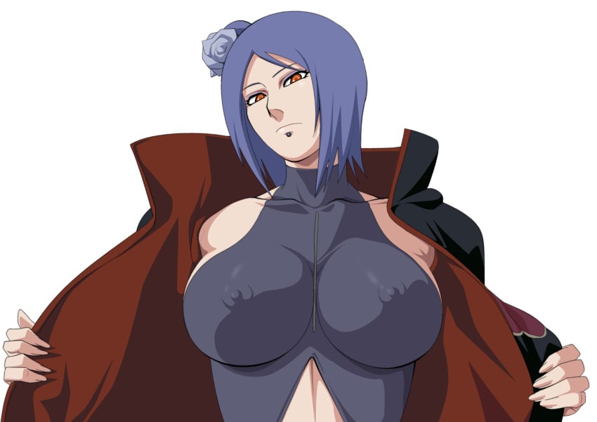 1girls akatsuki_(naruto) areolae bare_shoulders big_breasts breasts cloak dress erect_nipples eyeliner eyeshadow facial_piercing female female_only flower hair_flower hair_ornament hi_res konan labret_piercing large_breasts lime_(purple_haze) lip_piercing lipstick long_fingernails looking_at_viewer makeup naruto naruto_(series) naruto_shippuden nipples nipples_visible_through_clothing orange_eyes piercing purple_haze skin_tight solo undressing upper_body visible_nipples