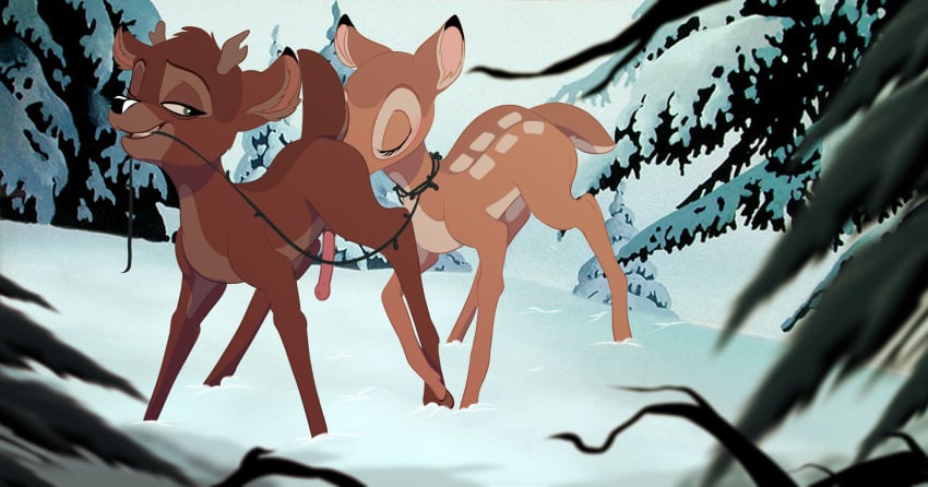 2020 anal antlers bambi_(film) blush bondage cervid closed_eyes disney duo faline female feral feral_on_feral genitals green_eyes half-closed_eyes hi_res horn male male_anilingus mammal narrowed_eyes oral penis rimming ronno sex smile submissive submissive_male teeth torinsangel vines wugi