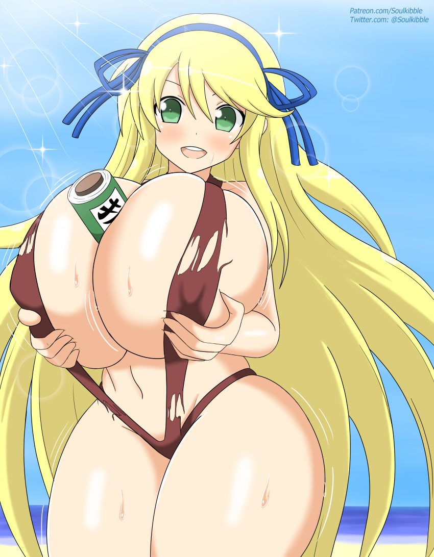 1girls alternate_breast_size asian asian_female beach big_breasts blonde_hair blue_eyes breast_expansion breasts green_eyes hair_ribbon huge_breasts katsuragi_(senran_kagura) large_breasts long_hair object_between_breasts open_mouth scroll senran_kagura senran_kagura_(series) skimpy sling_bikini smile solo soulkibble sparkle tearing_clothes thick_thighs