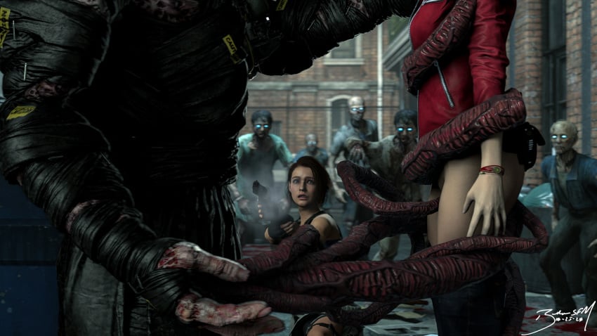 2girls 3d badgersfm claire_redfield guro jill_valentine jill_valentine_(sasha_zotova) monster peril resident_evil resident_evil_3 ryona tagme tentacle zombie