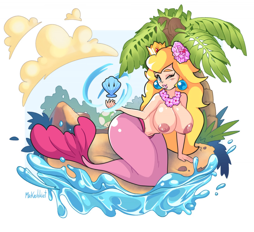 1girls 1up_mushroom big_breasts blonde_hair blue_earrings blue_eyes breasts cloud coconut_tree earrings female female_only flower_in_hair flower_necklace kneeling long_hair looking_at_viewer mario_(series) mermaid mrkashkiet nintendo nipples one_eye_closed outdoors pink_tail png princess_peach sand seashell signature sky solo super_mario_bros. tail topless very_long_hair water waves wide_hips wink winking winking_at_viewer