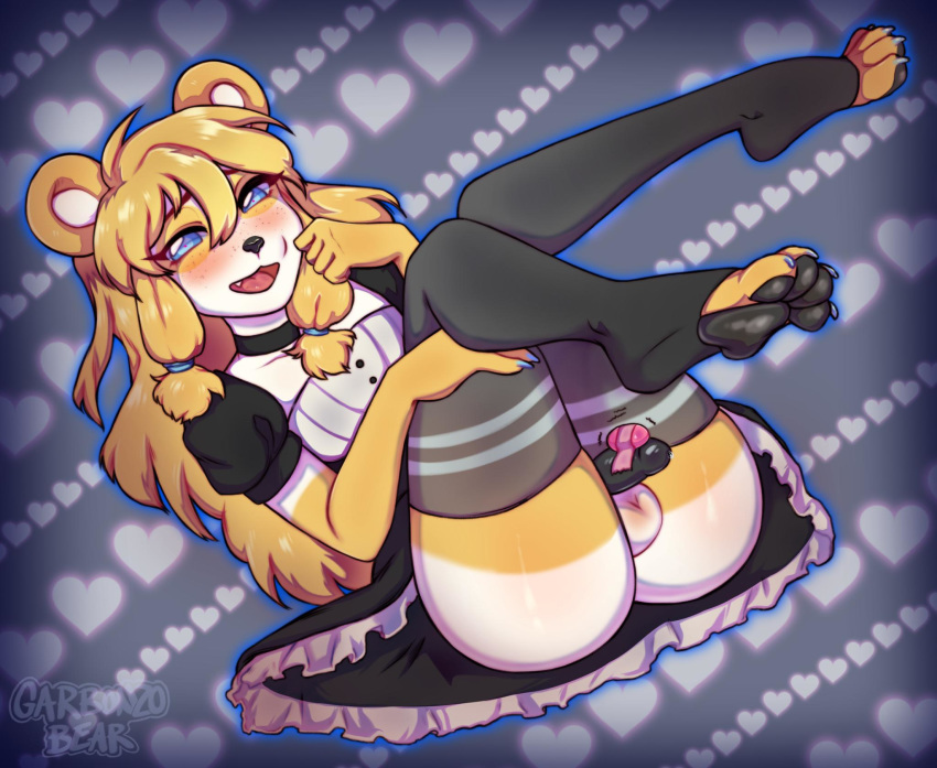 anthro ass balls blonde_hair blush clothed clothing crossdressing erection freckles furry_only garbonzobear genitals giant_panda girly hair hi_res kamille(marshmallow) legwear long_hair maid_uniform male mammal pawpads penile penis sex_toy sitting smiling_at_viewer solo stockings teal_eyes uniform ursid ursine vibrator vibrator_on_penis