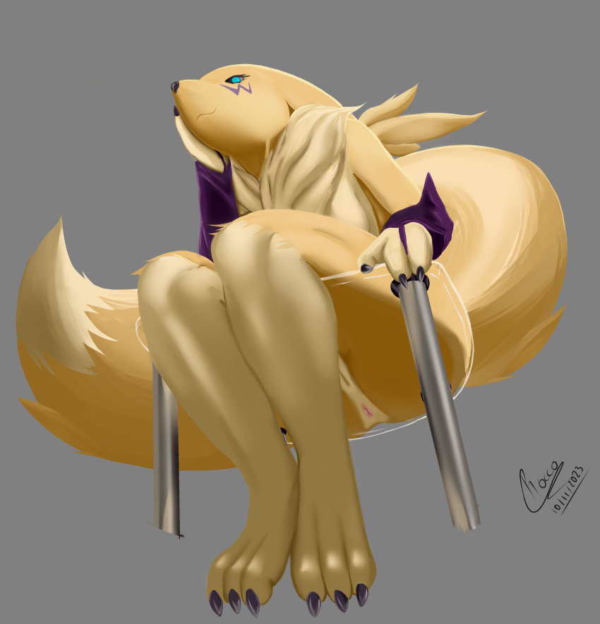 absurd_res anthro anus bandai_namco black_sclera blue_eyes breasts canid canine digimon digimon_(species) female fur genitals hi_res mammal nude pussy renamon rokkofennec simple_background sitting smile solo tail tuft white_body white_fur yellow_body yellow_fur