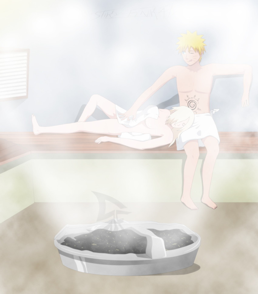 1boy 1boy1girl 1girls accurate_art_style bangs bath blonde_hair blue_eyes breasts cleavage closed_eyes feet hair_over_one_eye ino_yamanaka long_hair lying lying_on_lap lying_on_person mixed_bathing naked naked_towel naruto naruto_(series) naruto_shippuden nude one_eye_closed peeping relaxing resting sauna short_hair sitting steam stiky_finkaz stomach_tattoo tattoo toes tongue tongue_out towel towel_around_waist uzumaki_naruto whisker_markings whiskers yellow_hair