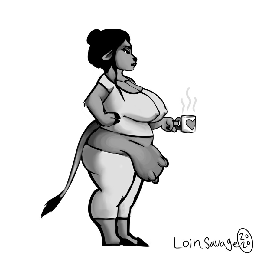 1:1 animal_humanoid anthro bovid bovid_humanoid bovine bovine_humanoid cattle clothed clothing coffee_mug cup female hair hair_bun hi_res hoof_hands hooves humanoid loinsavage mammal mammal_humanoid midriff monochrome overweight snout solo tail_tuft teats thick_thighs tuft udders wide_hips