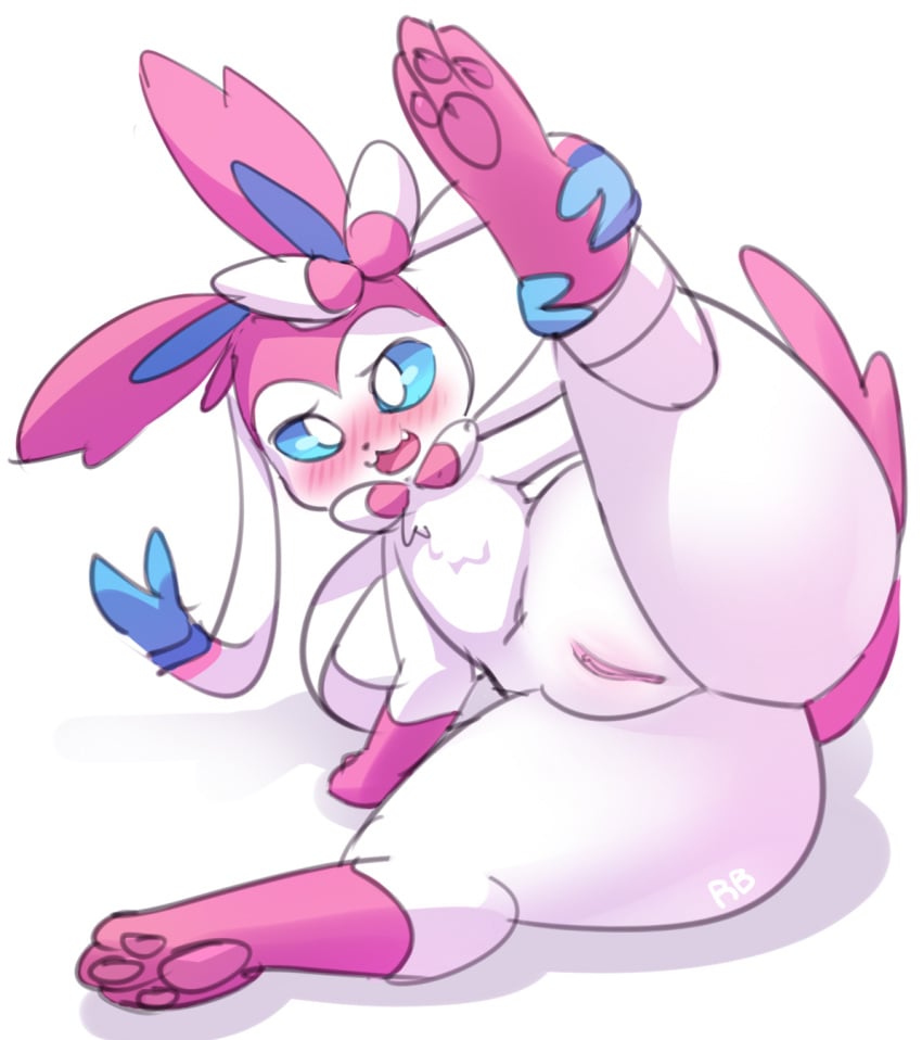 3_toes ass blue_eyes blush cute_fangs edit eeveelution female female_only female_pokemon feral fur furry furry_only genitals hi_res looking_at_viewer navel nintendo open_mouth pokemon pokemon_(species) presenting presenting_pussy pussy rabbitbrush raised_leg simple_background solo spread_legs spreading sylveon tail toes video_games