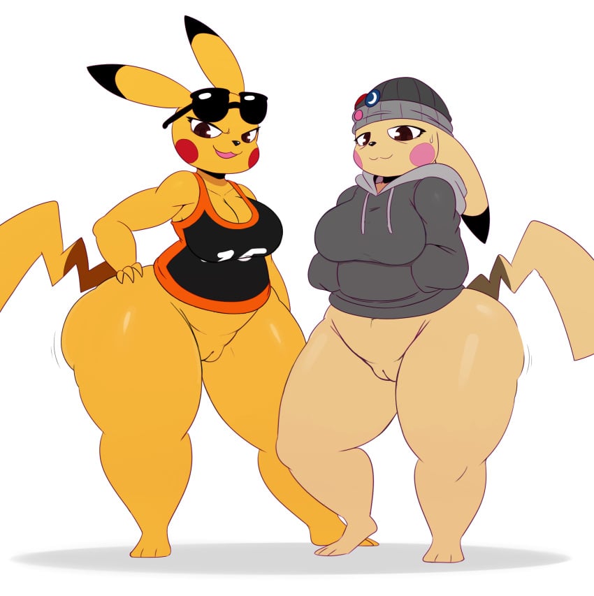 2017 2girls anthro beanie_(starykrow) big_booty_pikachu bodily_fluids bottomless breasts clothed clothing duo edit eyewear female female_only fur furry furry_only genitals headwear hi_res hoodie looking_at_viewer mammal nintendo no_humans partially_clothed pikachu pokémon pokémon_(species) pokemon pussy rule_63 shorts shortstack skimpy sssonic2 sunglasses sweat tail thick_thighs topwear vein video_games wide_hips