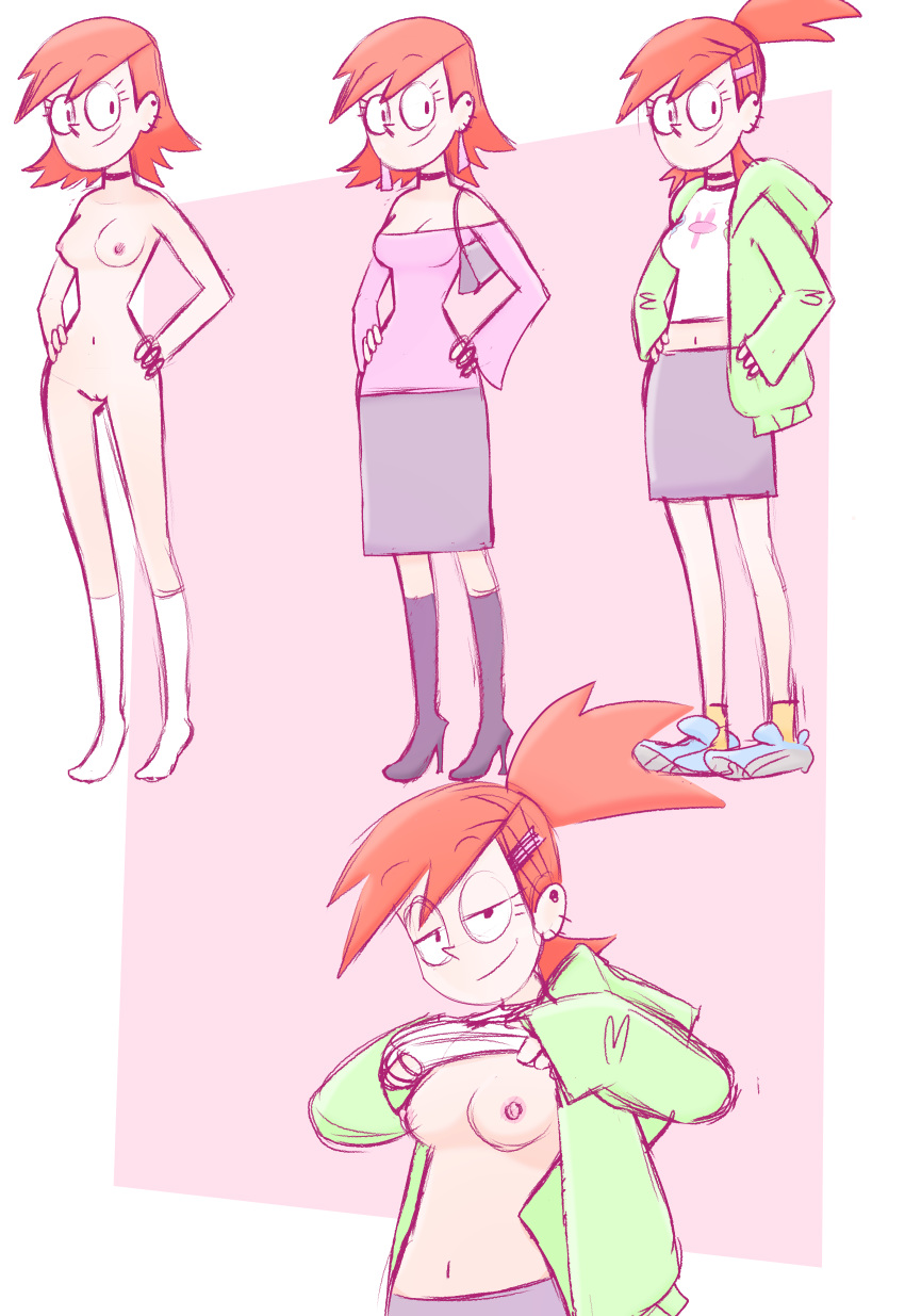 aunt_maire breasts cartoon_network casual choker clothing drpizzaboi1 female foster's_home_for_imaginary_friends frankie_foster human lifted_by_self naked_socks nipples no_bra red_hair shirt_lift skirt voidinac