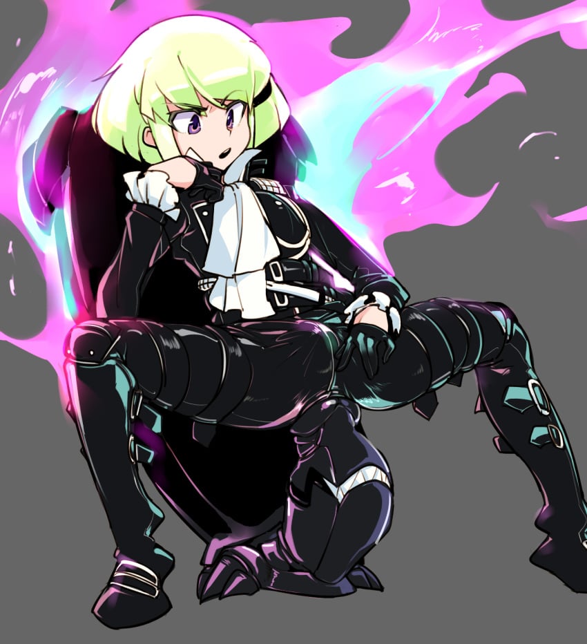 1boy anus beige_background bulge cravat dildo doppel doppel_(pixiv) gay gloves green_hair half_gloves highres jacket lio_fotia male male_focus male_only open_mouth promare purple_eyes simple_background sitting solo squatting toy toying_self trap yaoi