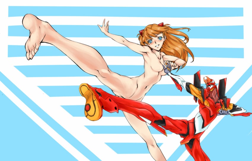 asuka_langley_sohryu barefoot blue_eyes blush breasts brown_hair censored convenient_censoring eva_02 feet fuyu_no_kiatsuhaichi hair hair_ornament kick kicking long_hair medium_breasts neon_genesis_evangelion nude simple_background smile