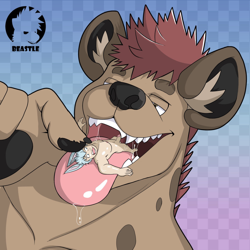 1:1 anthro beastle bodily_fluids drooling duo hi_res human human_on_anthro hyaenid imminent_vore interspecies male male/male mammal mouth_shot open_mouth oral_vore saliva size_difference size_play spotted_hyena swallowing teeth_showing tongue tongue_out vore