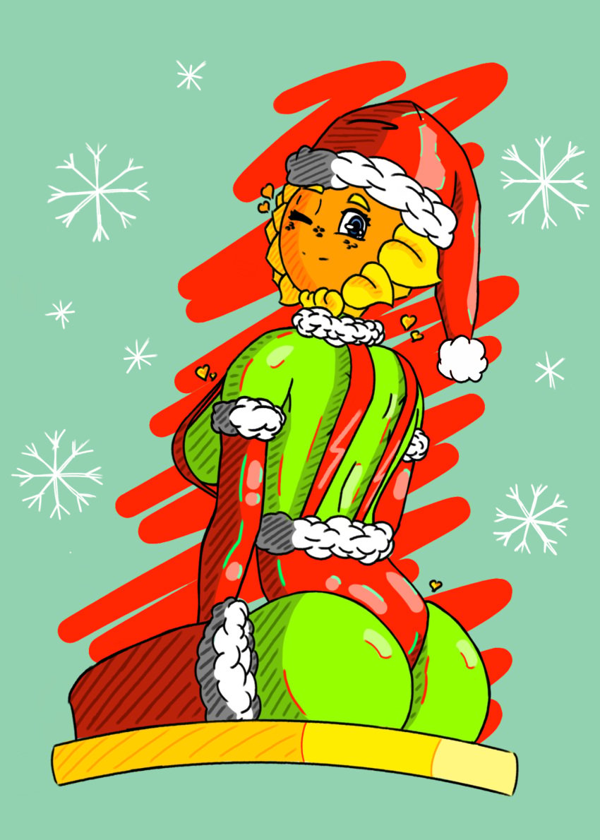 christmas_clothing christmas_outfit green_skin inspectard leggings looking_back_at_viewer one_eye_closed orange_face plantie plants_vs_zombies popcap_games red_and_white_bra santa_hat sitting sunflower_(pvz)