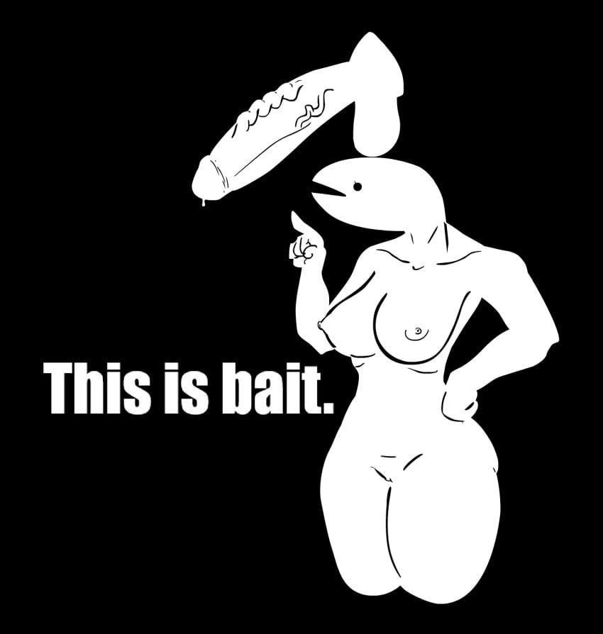 1girls bait bait-chan big_balls big_breasts big_nipples big_penis black_and_white black_background black_eyes fish fish_girl floating_penis hi_res meme naked thick_legs thick_penis thick_thighs veiny_penis white_body