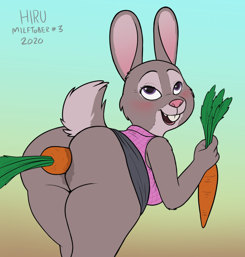 1girls 2020 ambiguous_penetration anthro ass bent_over big_butt blush bonnie_hopps buckteeth butt carrot clothed clothing disney eye_roll female food fur furry grey_body grey_fur hi_res hirurux improvised_dildo improvised_sex_toy lagomorph leporid mammal masturbation mature_female multicolored_body multicolored_fur no_underwear open_mouth penetration pink_nose plant purple_eyes rabbit short_tail skirt smile solo teeth two_tone_body two_tone_fur vegetable zootopia