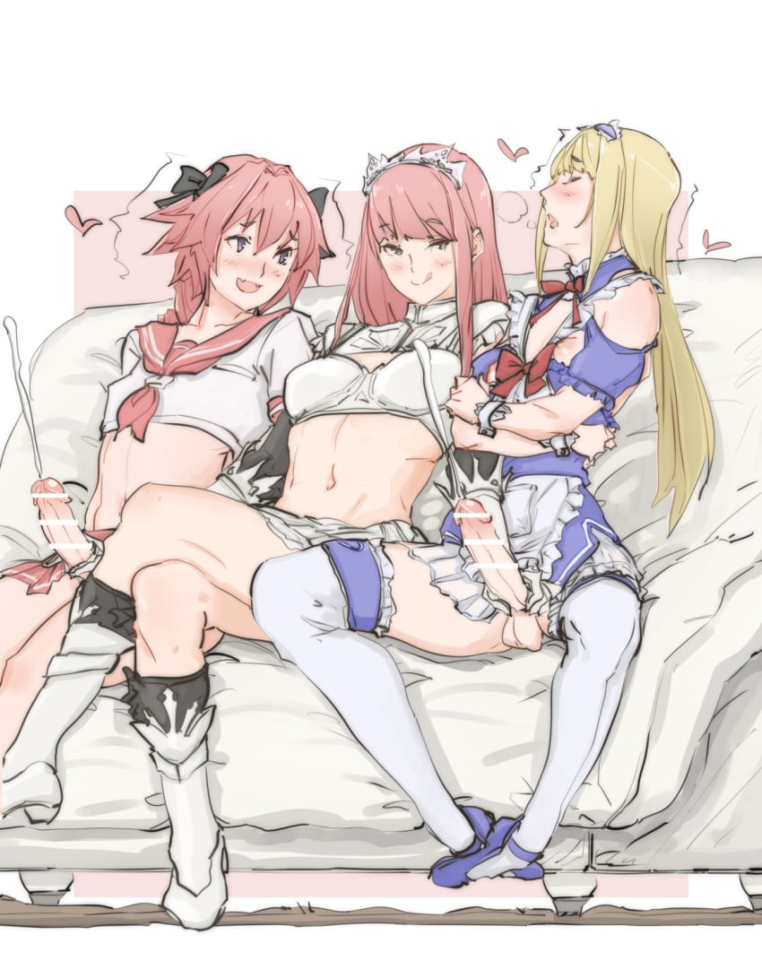 /\/\/\ 1girls 2boys :q amanda_kenny astolfo_(fate) black_bow black_ribbon blonde_hair blush boots bow braid chevalier_d'eon_(fate) closed_eyes commentary_request couch crossed_arms cum detached_sleeves double_handjob ejaculation elbow_gloves fate/grand_order fate_(series) female femboy femboy_on_female gloved_handjob gloves hair_intakes hair_ribbon hairbow handjob heart highres human human_only large_penis light-skinned_female light-skinned_femboy light-skinned_male light_skin long_hair long_sleeves looking_at_another maid maid_headdress male medb_(fate) mmf_threesome moaning multiple_boys navel on_couch open_mouth otoko_no_ko penis pink_eyes pink_hair pink_skirt red_sailor_collar ribbon sailor_collar school_uniform serafuku short_sleeves single_braid sitting skin_fang skirt smug stomach straight testicles thighhighs threesome tiara tongue tongue_out trembling white_footwear white_skirt yellow_eyes