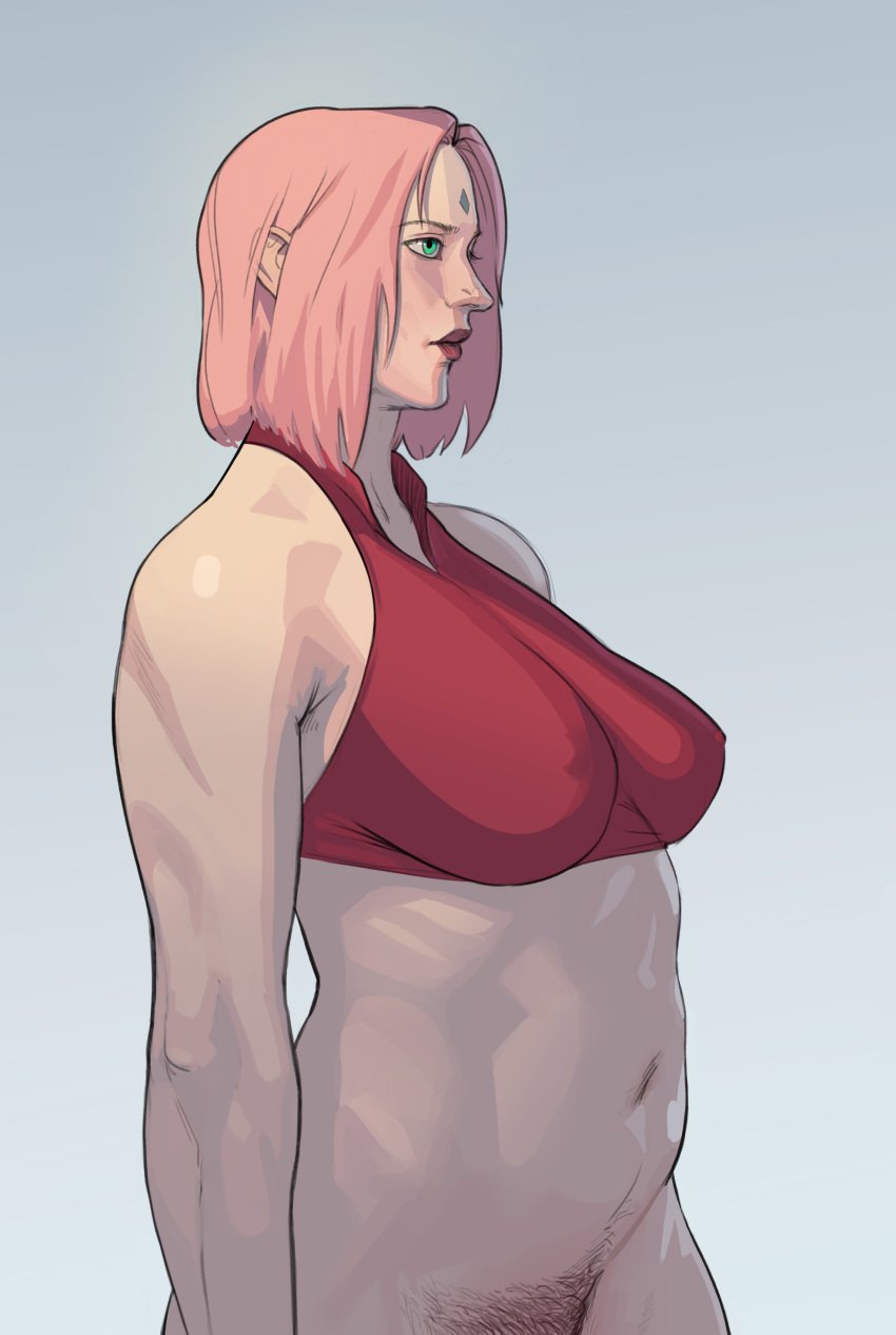 1girls bare_arms bare_shoulders big_breasts bob_cut boruto:_naruto_next_generations bottomless bra busty clothed clothing crop_top curvaceous curvy curvy_figure erect_nipples erect_nipples_under_clothes female female_only female_pubic_hair forehead_jewel forehead_mark from_side green_eyes hairy halterneck human large_breasts lipstick mature mature_female medium_breasts medium_hair milf naruto naruto_(series) ngmi nipple_bulge nipples_visible_through_clothing pale-skinned_female pale_skin partially_clothed perky_breasts pink_hair pink_lips pink_lipstick pinup plump pose posing pubes pubic_hair red_bra revealing_clothes sagging_breasts sakura_haruno short_hair shoulder_length_hair side_view solo sports_bra standing