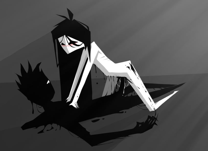 1boy1girl 2d anthro black_and_white black_body black_eyes black_hair black_skin duo gray_background liquid long_hair newshelter original_character penis_out sex slim slim_waist white_body white_eyes white_skin