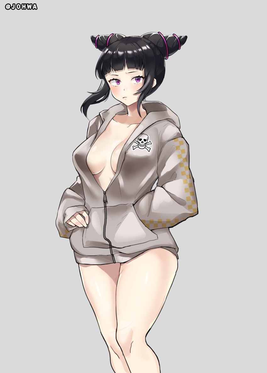 1girls absurdres artist_name bangs black_hair blunt_bangs blush breasts capcom clothed collarbone drill_hair female female_only front_view grey_background hand_in_pocket highres hoodie human johwa juri_han large_breasts looking_to_the_side naked_hoodie no_bra pale_skin partially_unzipped pink_eyes shiny_hair sidelocks simple_background skimpy skull skull_print solo standing street_fighter thick_thighs twin_drills wide_hips