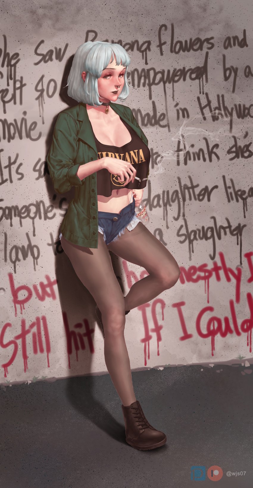 alcohol big_breasts breasts cigarette clothed clothed_female crop_top english english_text female fully_clothed goth green_hair jacket looking_at_viewer meme midriff nirvana_(band) nose_piercing pantyhose photo short_hair street text thong wjs07 young