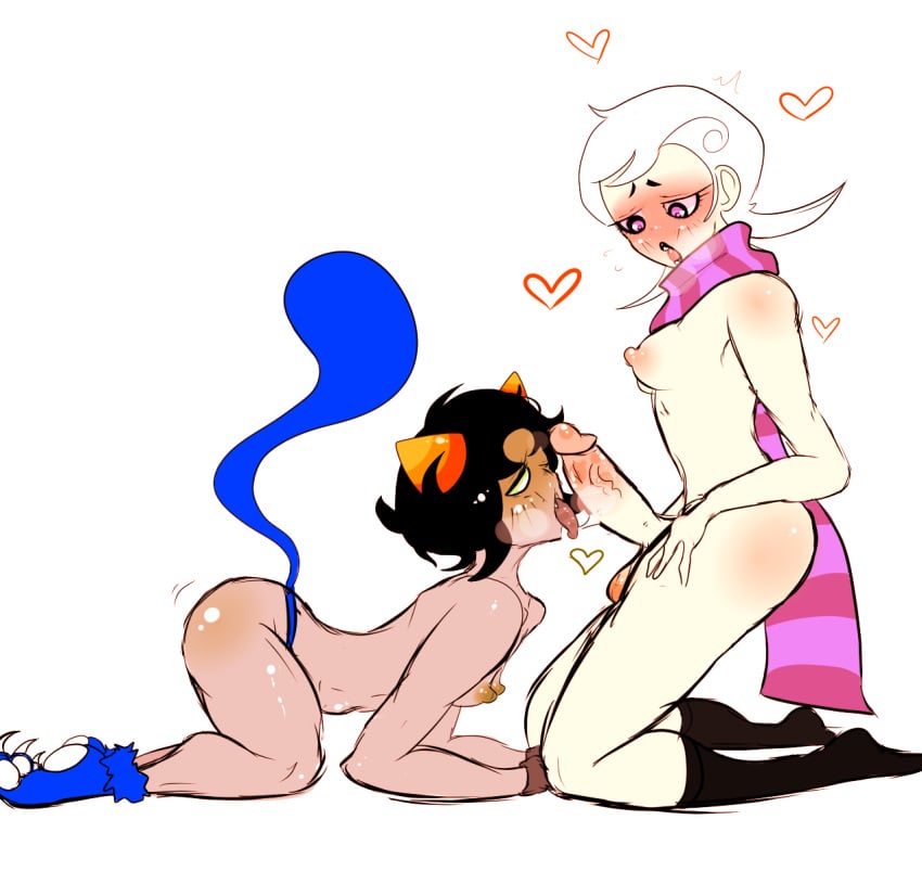 1futa 1girls arched_back ass balls black_hair black_lipstick blush breasts dickgirl eggshoppe fellatio female futanari green_nipples grey_skin heart homestuck horns lesbian ms_paint_adventures nepeta_leijon nipples nude open_mouth oral penis pink_eyes roxy_lalonde scarf short_hair socks tail tongue tongue_out troll white_background white_eyes white_hair white_skin