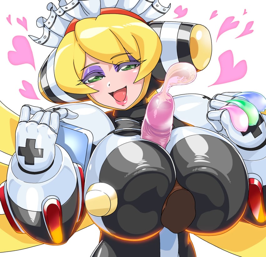 1girls bba-aki cinnamon_gaudille customer_svc_e disembodied_penis female iron_maiden_cinnamon lipstick mega_man mega_man_x mega_man_x_dive paizuri tagme titjob