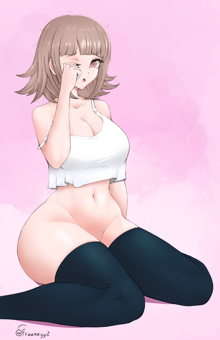 1girls artist_name bare_midriff bare_shoulders belly big_breasts black_legwear bottomless breasts brown_hair child_bearing_hips chubby chubby_female cleavage curvaceous curvy curvy_female curvy_figure cute danganronpa danganronpa_(series) danganronpa_2:_goodbye_despair danganronpa_3 female female_only fraankyy high_resolution human human_only large_breasts looking_at_viewer messy_hair nanami_chiaki navel open_mouth pink_background red_eyes revealing_clothes rubbing_eyes short_hair sitting sleepy slightly_chubby soft soft_breasts solo solo_female squishy stomach straight_hair super_danganronpa_2 tank_top thick thick_thighs thighhighs thighs waking_up wholesome wide_hips